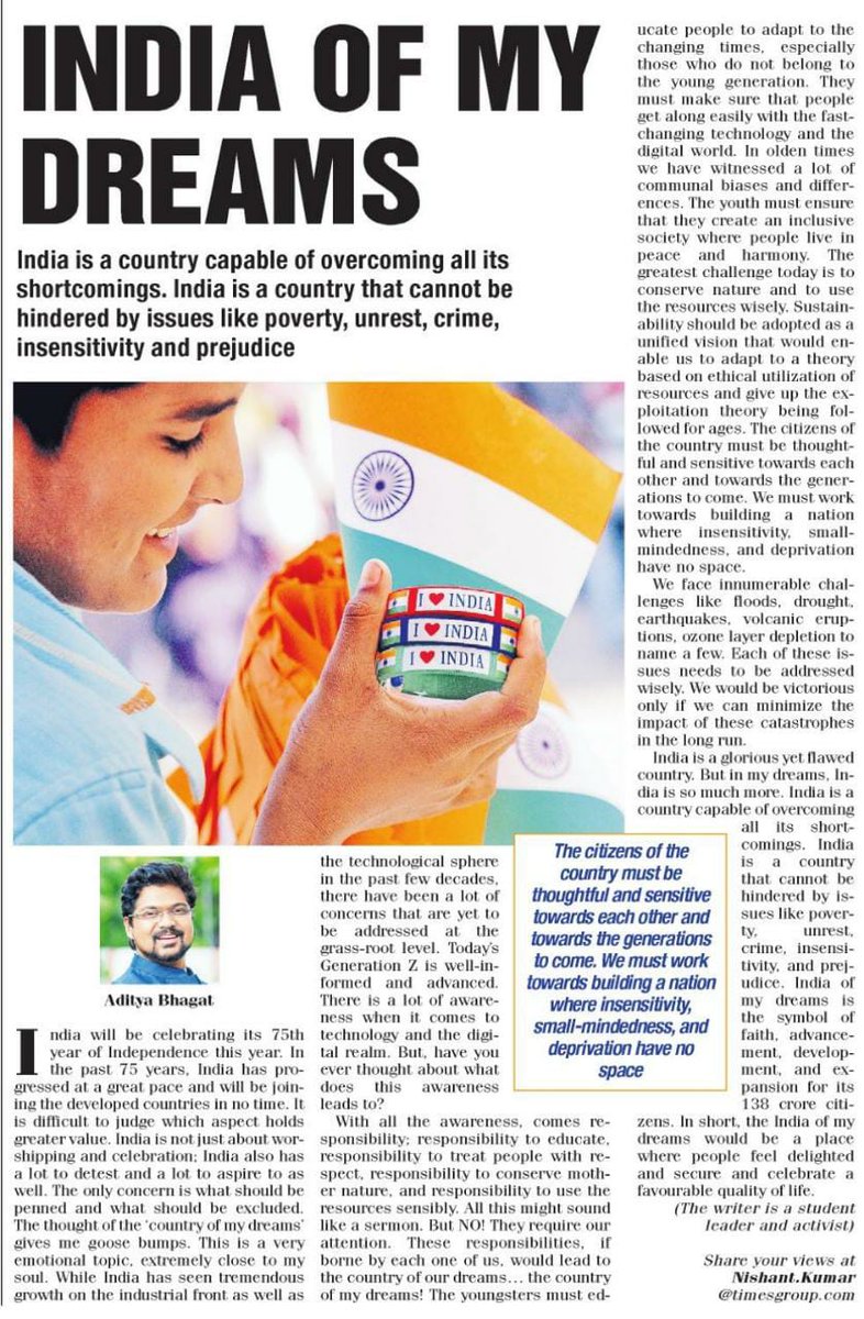 India of my dreams is very close to my heart. I dream of a country where the citizens are thoughtful towards each other. Gratitude to '@timesofindia' for publishing my article on a topic that makes me emotional and takes me deeper into my thoughts. @nsui