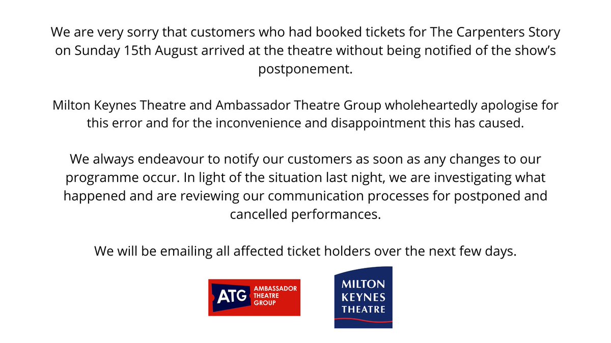 MKTheatre's tweet image. Please see our statement below regarding The Carpenters Story postponement. 
Thank you.