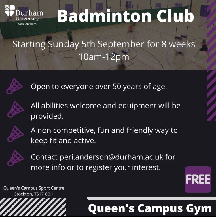 TeamDurham2's tweet image. FREE Badminton Club for over 50's in Stockton - starting Sunday 5th September 10am -12pm for 8 weeks. All abilities welcome. 

Great way to keep (or get back) active and socialise through sport.