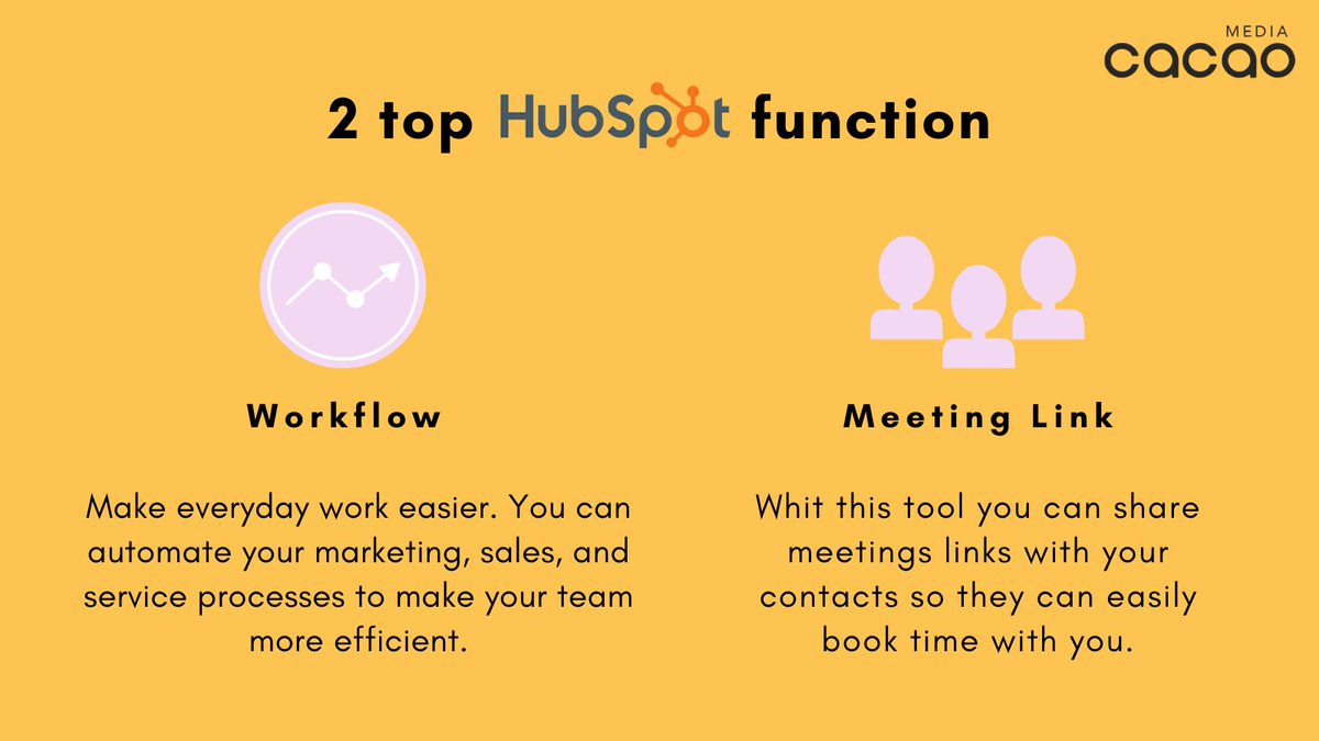 As a HubSpot Diamond Partner agency, we use and love HubSpot. For us, these are some of the top functions on HubSpot: ⁣
⁣
- Workflows⁣
- Meeting links⁣

What's your favorite HubSpot feature? ⁣
⁣
#hubspot #cacaomedia