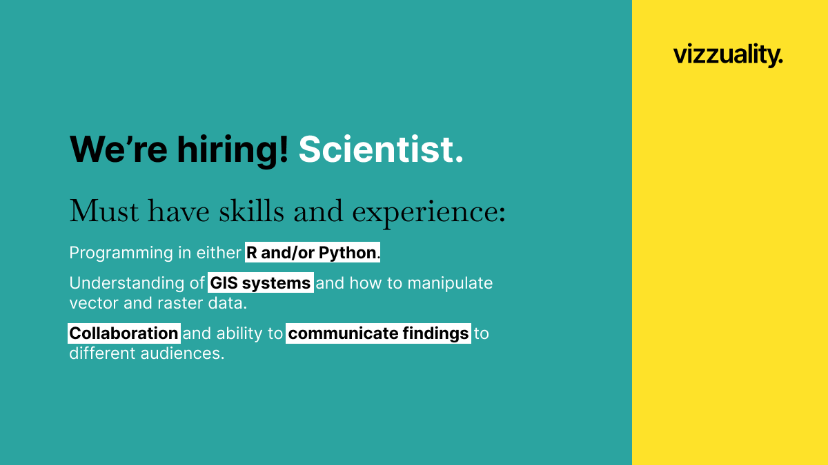 Vizzuality's tweet photo. We're #hiring! 
👩‍💻🧑‍💻 Scientist 
🇪🇸🇬🇧🇵🇹Remote based in Spain, Portugal or UK
🛠️ #rstats #Python #GIS #datavizz 
💚 Contribute to projects related to resource management, #SupplyChain transparency &amp; #ClimateAction. 
https://t.co/KZFgXCLeBj https://t.co/1RoFbPNAEy