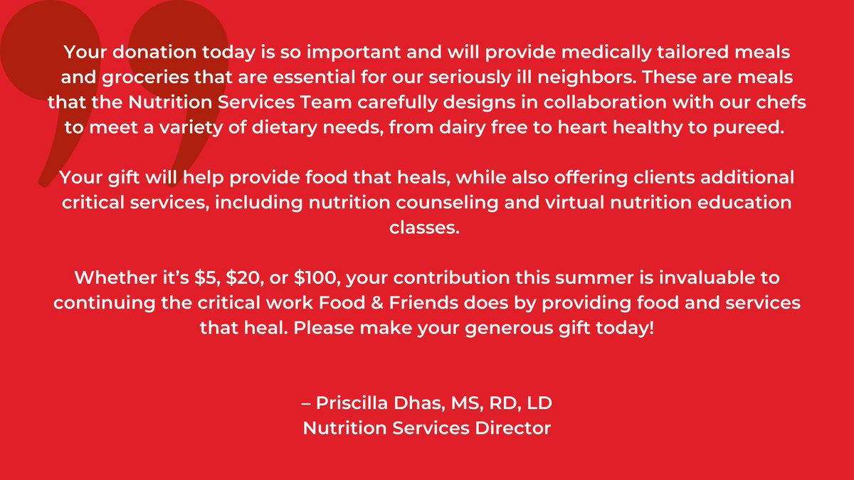 Our Summer Food Fund ends in two days and we need your help! Our Nutrition Services Director, Priscilla Dhas, MS, RD, LD, explains why your support is so important below. To make a donation, please visit: secure.foodandfriends.org/site/Donation2…