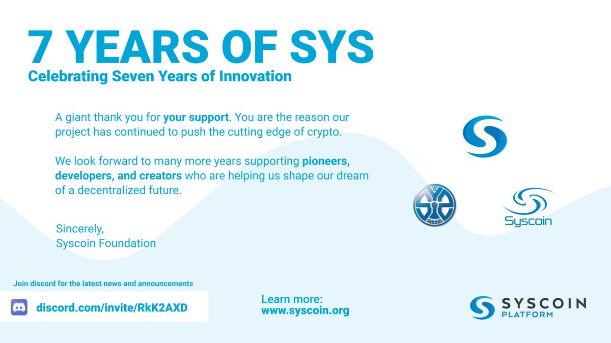 syscoin's tweet photo. 🥳 It's our 7th Birthday! 🎂

Thank you to all our @syscoin supporters over the years.

Stick around this week as we take you on a trip down memory lane and give you all a sneak peek of what is to come! 

We will also have an #airdrop for you to join in on!

THANKS LEGENDS ✌️ https://t.co/LDgsmsCimm
