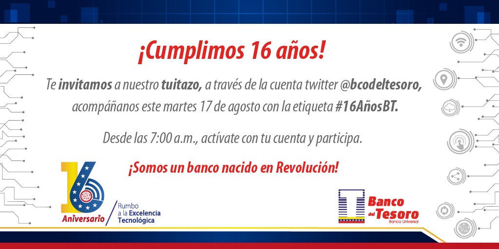 bcodeltesoro's tweet image. 🎉Como parte de nuestro aniversario, realizaremos un tuitazo este #17Ago con la etiqueta #16AñosBT 🎁

¡Contamos con tu partipación! 👍📲💻

¡Somos un banco nacido en Revolución! 🇻🇪
#SomosBT #SeguimosCreciendo 

@EneidaLayaPsuv