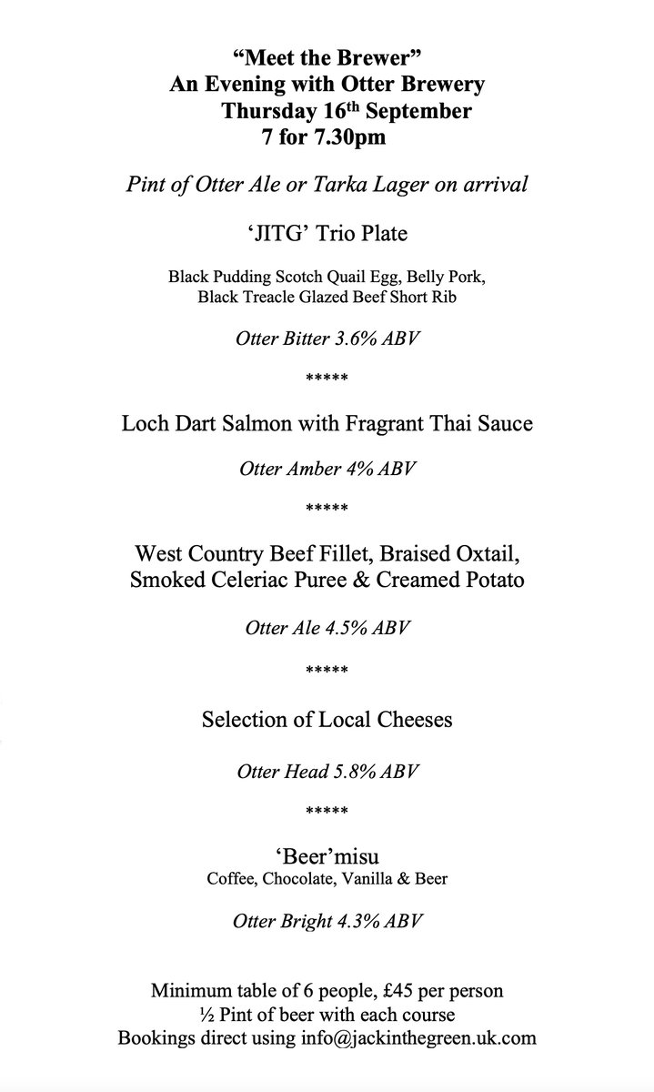 As part of the <a href="/TasteEastDevon/">TasteEastDevon</a> Festival we’re delighted to be teaming up with our friends @OtterBrewery for a very tasty event. On Thurs 16th September enjoy a specially themed ‘Meet the Brewer’ dinner with each course matched perfectly to a specific beer. £45pp #neverdisappoints