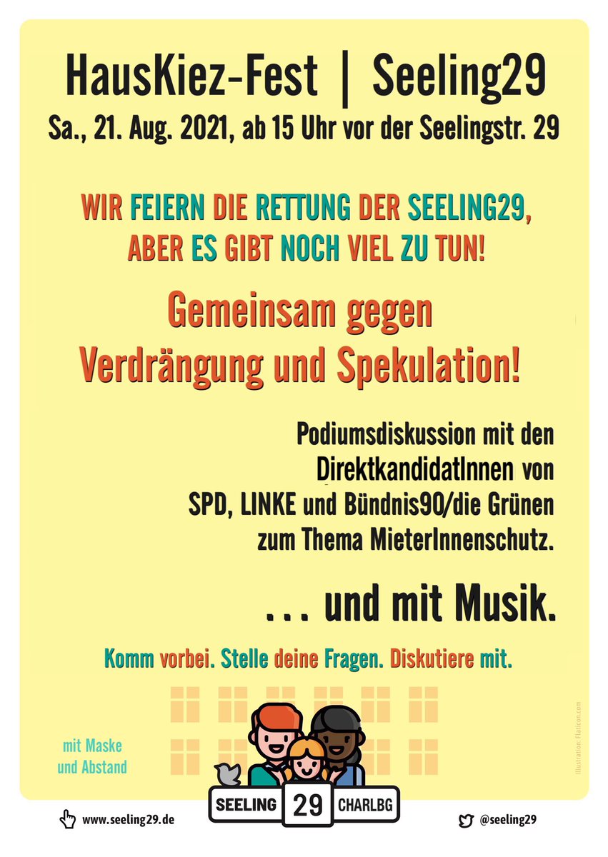 Wir feiern die Rettung unseres Hauses Seeling29 am 21.8. um 15h- und laden ein zur Diskussion mit den Direktkandidaten* zum Thema „Wie geht’s weiter für Mieter*innen in Berlin?“ Kommt alle und feiert &amp; diskutiert mit! <a href="/NiklasSchenker/">Niklas Schenker</a> <a href="/vandrey_petra/">Petra Vandrey</a> <a href="/UelkerRadziwill/">Ülker Radziwill</a>