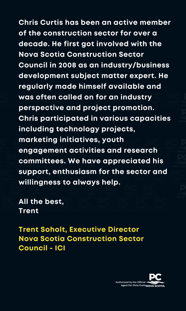 I really appreciate the kind words from Trent at the Nova Scotia Construction Sector Council - ICI!

dartmouthsouthpollingstations.com

#NSVotes #DartmouthSouth
#Dartmouth #nselxn41 #ChrisCurtis #CandidatesInDartmouth