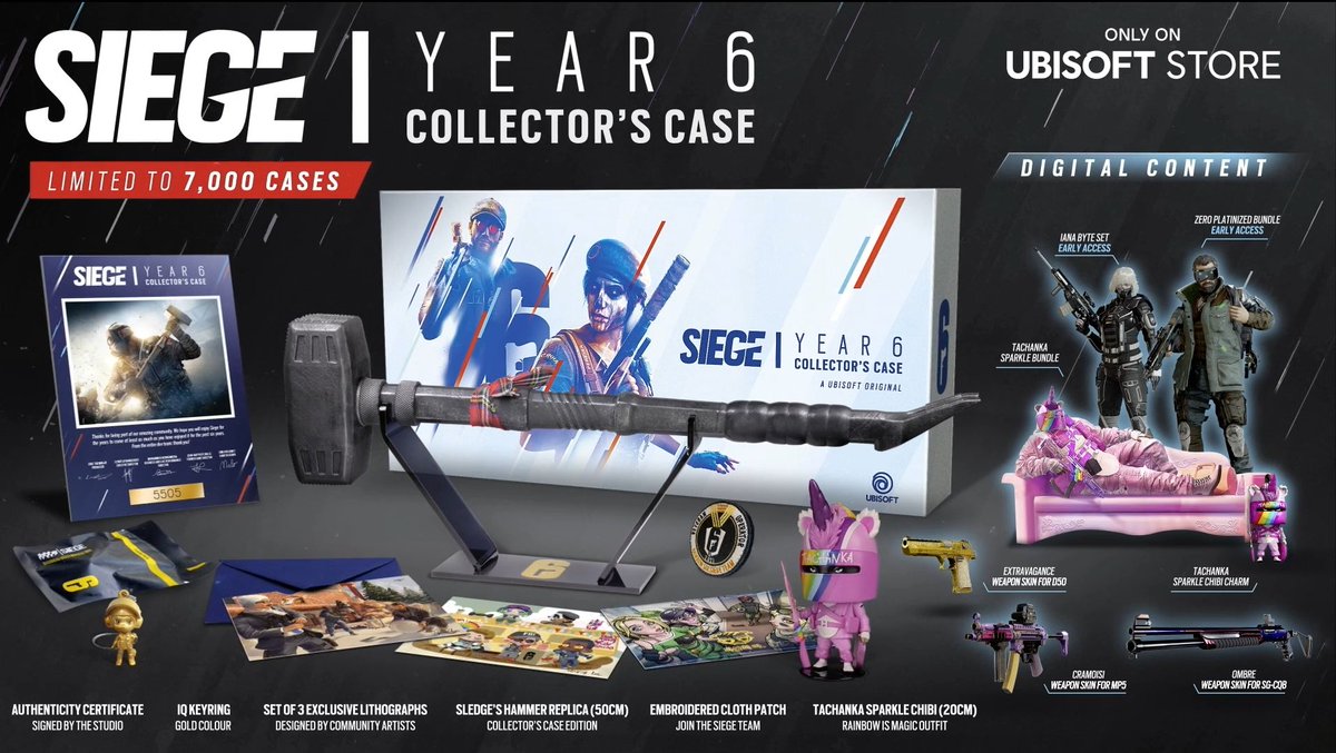 Coming Fall 2021, a Collector’s Pack which will include: a 50cm Sledge Hammer replica, the Tachanka sparkle chibi, 3 lithographs, a IQ keyring, a cloth patch and some digital content. 😍😍😍