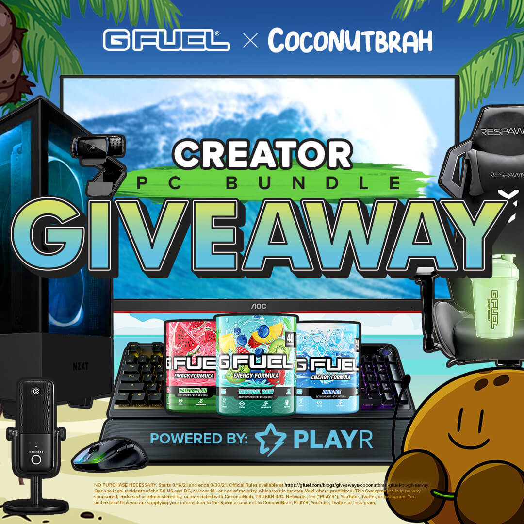 CoconutBrah's tweet photo. BRAHS! I'm doing a huge PC bundle giveaway with @GFuelEnergy!

RT + Follow
@GFuelEnergy
@CoconutBrah 
and tag a friend!

Enter here: https://t.co/xYWmL3HvzS 

No purchase necessary. Ends 8/30/21. 18+, 50 US &amp; DC. https://t.co/xYWmL3HvzS for Official Rules. Void where prohibited. https://t.co/3BRoYI0e3p