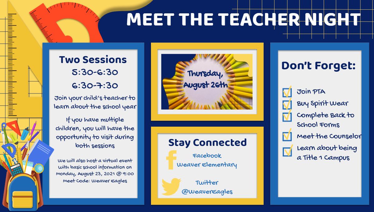 Join us Thursday, August 26th for Meet the Teacher Night! #weavereagles #theGISDeffect <a href="/gisdnews/">Garland ISD</a>