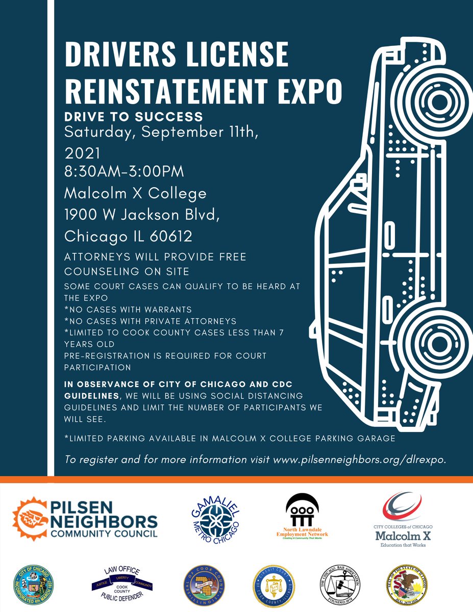 TransitTable's tweet photo. Need help getting your driver’s license back? @Pilson Neighbors is hosting a Driver’s License Reinstatement Expo, with on-site volunteer attorneys, on September 11 at Malcolm X College. Register now at https://t.co/zib9v3DvvE! https://t.co/8ivT5OkgSG