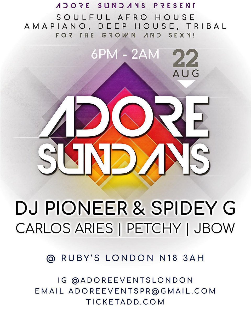 Early bird tickets £10
ticketadd.com/e/365/adore-su… <a href="/djpioneer/">DJ Pioneer</a> <a href="/mcspideyg/">Spidey G UK/LONDON 🇬🇧 TRINIDAD 🇹🇹 ✝️🕷🎤</a>