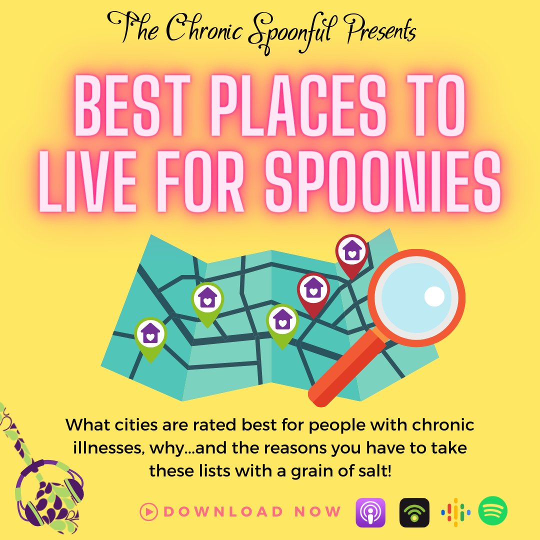 On this episode, we discuss where some of these Best Places to Live for Spoonies lists. What they got right &amp; what to take w/ a grain of salt. Also, what you need to think about before moving to a new county or state. Download and then share your thoughts! podcasts.apple.com/us/podcast/bes…