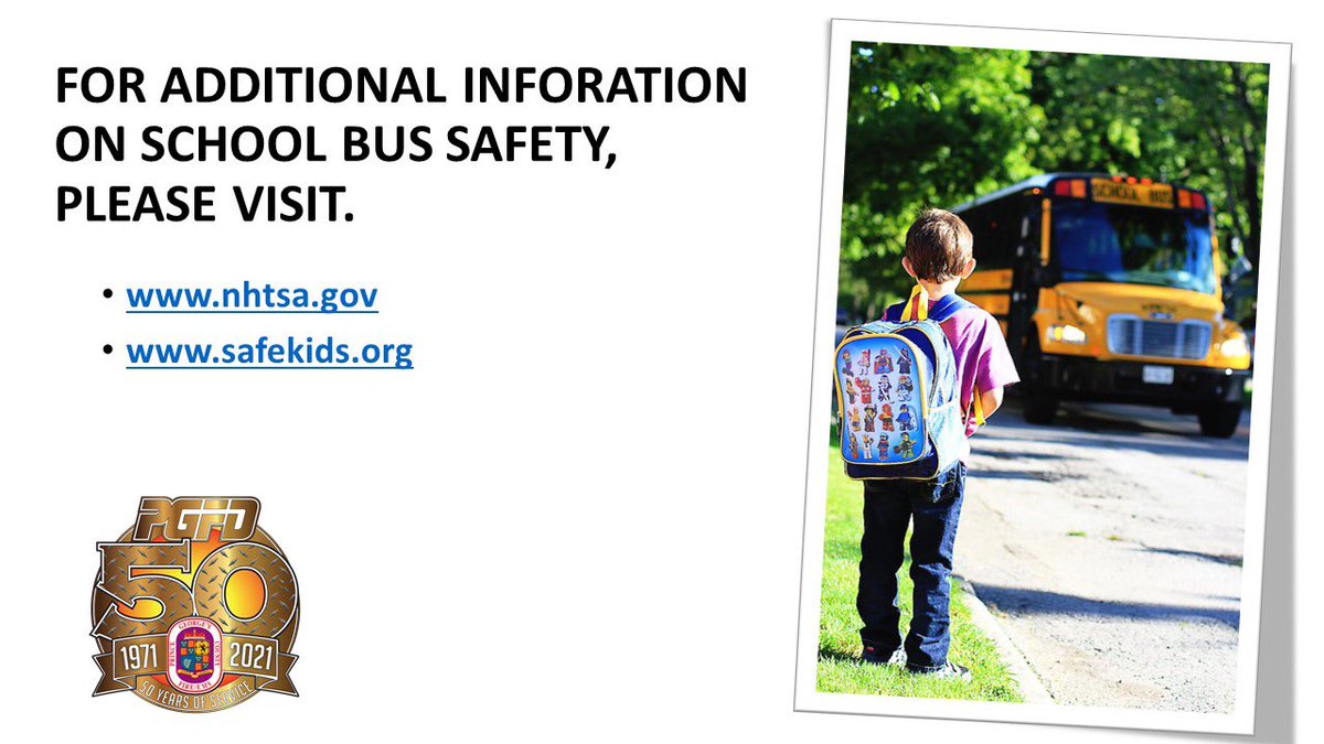PGFDNews's tweet photo. According to the @NHTSAgov students are 70% safer getting to school on a school bus than traveling by car. Help keep them safe by following these #PGFD “Fifty Days of Safety” driving tips when kids head back to school in a few weeks. #FiftyDaysofSafety https://t.co/ygJ0oXvhNX