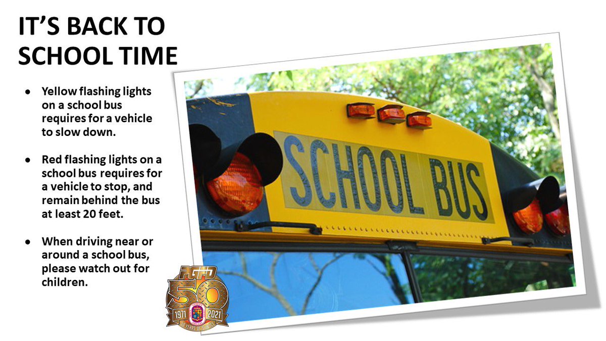 PGFDNews's tweet photo. According to the @NHTSAgov students are 70% safer getting to school on a school bus than traveling by car. Help keep them safe by following these #PGFD “Fifty Days of Safety” driving tips when kids head back to school in a few weeks. #FiftyDaysofSafety https://t.co/ygJ0oXvhNX