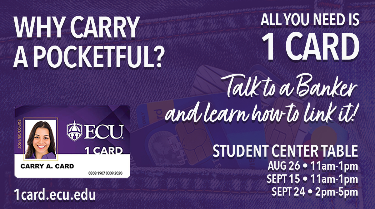 #ECU has teamed up with Wells Fargo to offer students optional banking convenience with the ECU 1Card.
▶️ Learn how to link it!  Visit wellsfargo.com/ecu to learn more or visit a Wells Fargo banker at the Main Campus Student Center, Aug 26, 11am - 1pm. 🗓️ (other dates too!)