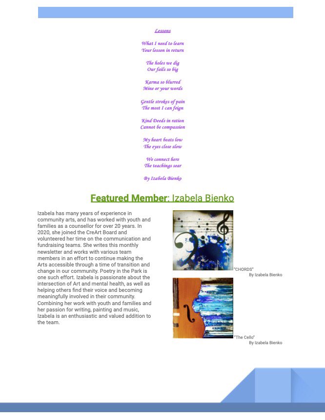 Here’s our latest newsletter! For more information on our free programs, check out creartedmonton.com. #YegArts #CreArt