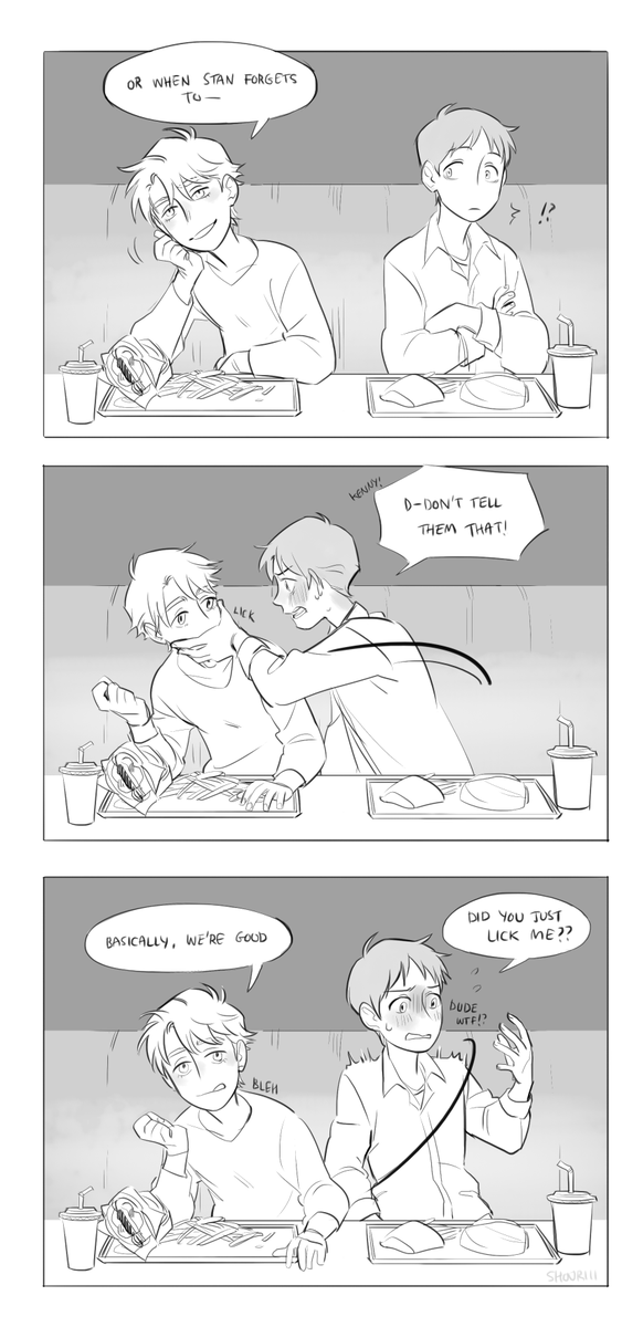 "are all your stenny/kyman comics placed in a restaurant?" yes

as I mentioned before I love kyle being a judgemental bitch towards stenny while being gross with cartman. last panel goes out to basu💕 