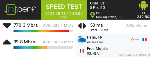 Odrilow's tweet photo. β770278 kb/s β39798 kb/s, β 53 ms / mobile:Free / #OnePlus8Pro5G / #nPerf v2.10.4b2 / https://t.co/Xo2KNrkEm4