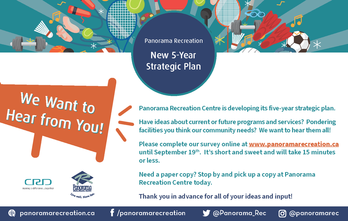 Panorama_Rec's tweet photo. We need your input! 
Panorama is developing its five-year strategic plan.  Have ideas about current or future programs and services?  Pondering facilities you think our community needs?  Please complete our  survey at https://t.co/7G4BQ2TvnJ
Thank you for your ideas an input! https://t.co/g7YVNxeT9W