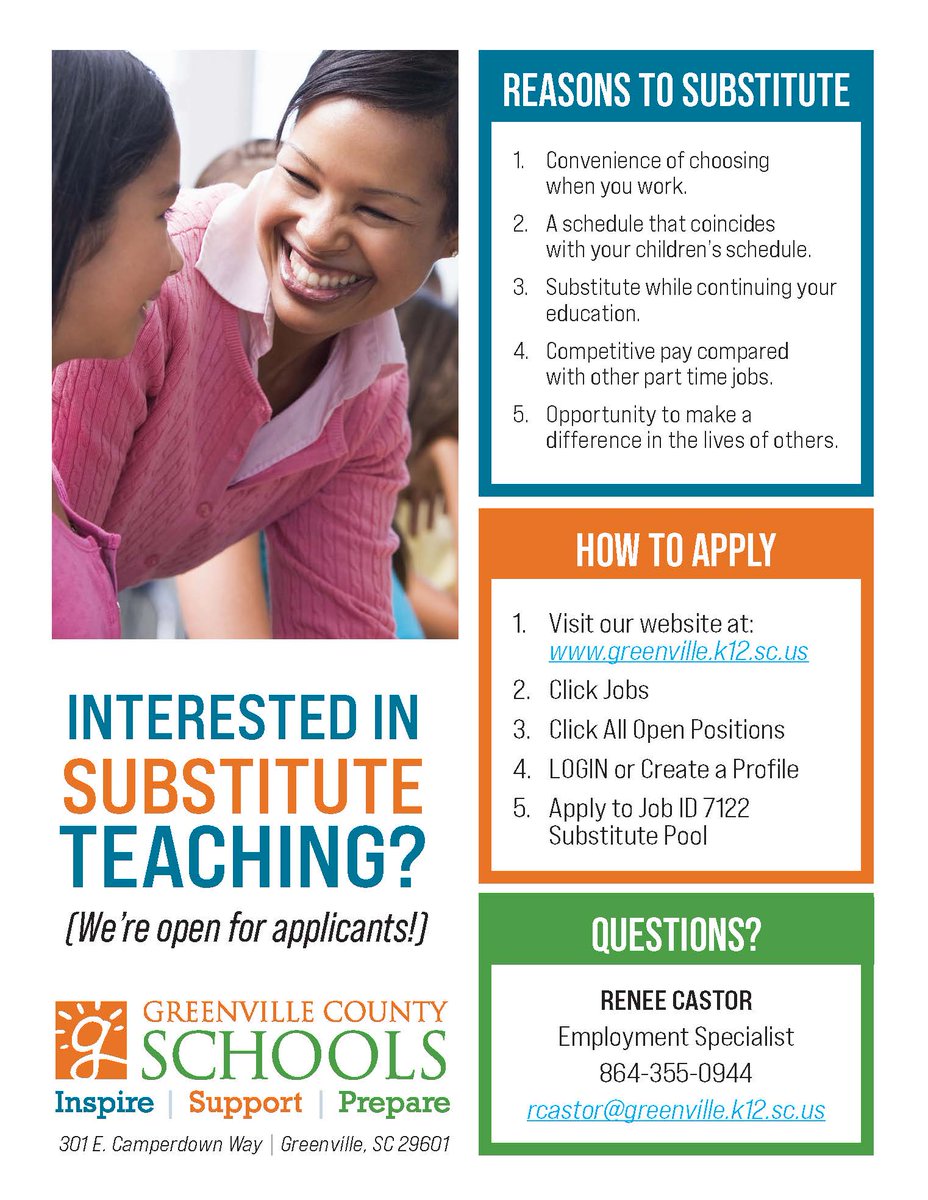 We need substitute teachers! Choose when you work, work on your child's schedule! Visit our website at greenville.k12.sc.us - Click Jobs - Click All Open Positions - LOGIN or Create a Profile - Apply to Job ID 7122 Substitute Pool.