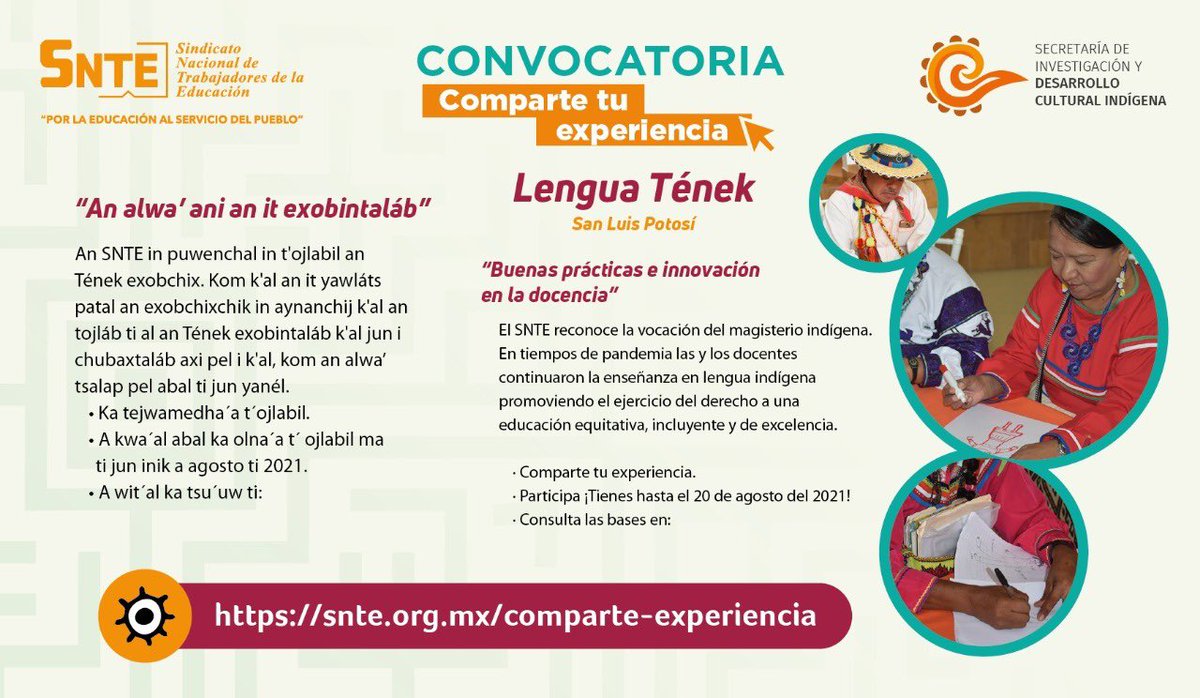 AngelinoCaamalM's tweet photo. #TodosSomosUno 🙋‍♀️🙋
#NosVemosEnLaEscuela 🏤

👉#Tének San Luis Potosí👈
🗣️ La educación indígena innova en el #SNTE 🍎📚 la práctica docente por la #COVID19 🦠 Comparte tu experiencia; fortalece la escuela pública 🏫 El plazo se agota ⌛

👉Convocatoria👇
https://t.co/ZHEKAb6W5S https://t.co/qg0h99kfs0