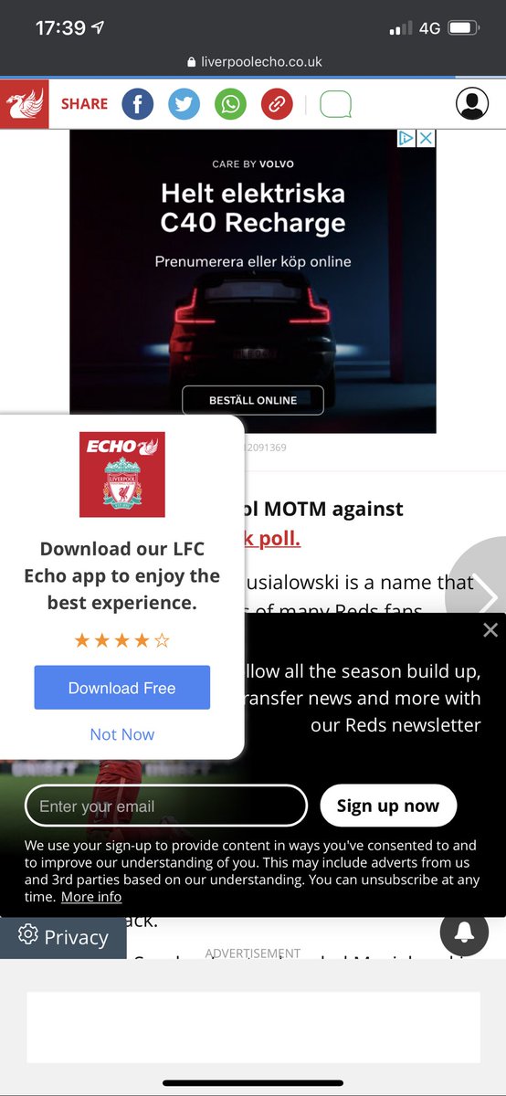 Fantastic mobile experience when trying to read a Liverpool article on the. You have ads, pop ups that cover the content pushing their app and then a subscription box for their email. Lovely.