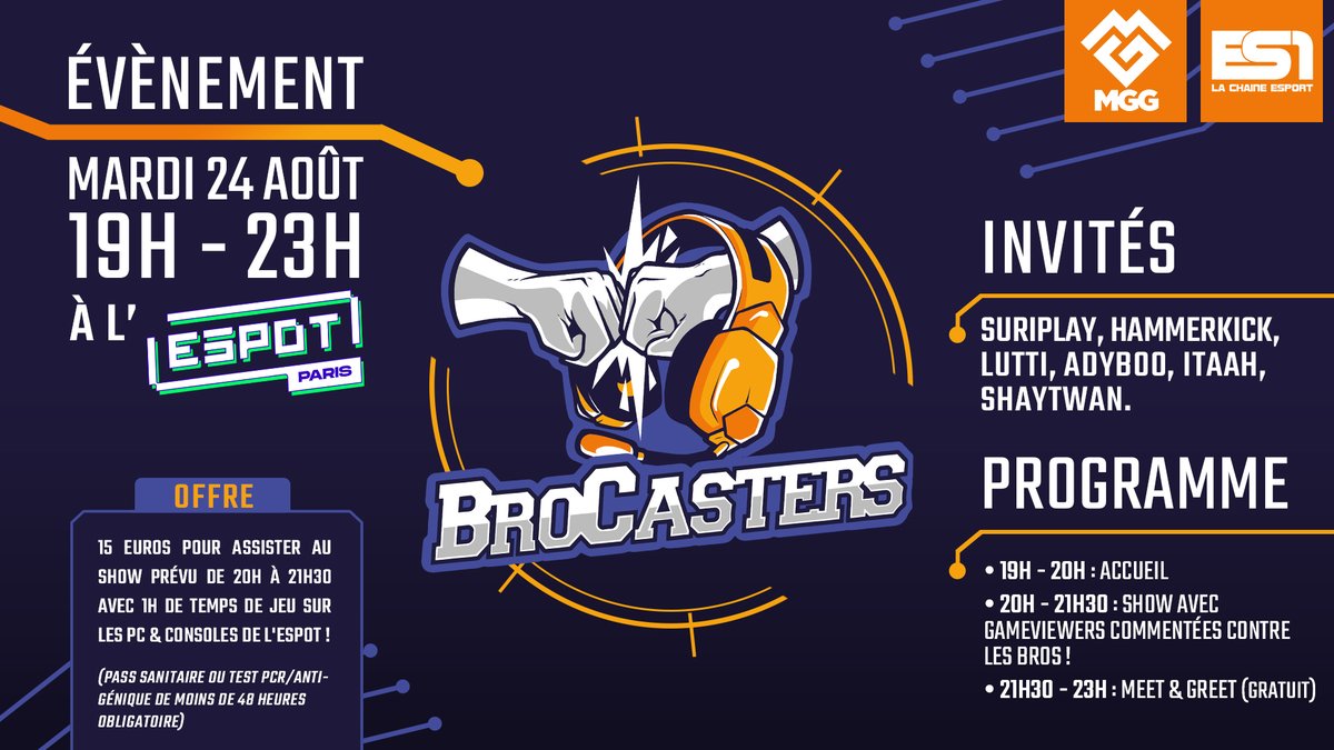 Evénement #Overwatch en approche  : Les Brocasters vous donnent rendez-vous le 24 août à l' <a href="/espotparis/">ESpot</a>

> bit.ly/2UlEVGu

Invités : <a href="/MisterAdyboo/">Adyboo</a> <a href="/LuttiLutti_/">Lutti</a> <a href="/HammerKick_OW/">HammerKick</a> <a href="/shaytwangame/">Shaytwan</a> <a href="/Itaah_J/">Itaah</a> <a href="/Alex_Suriplay/">SuriPlay🛡️</a>

(visuel @_Aksellie - partenaires <a href="/MGG_France/">MGG</a> &amp; @ES1tv)