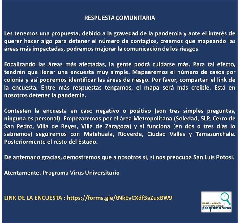 Link a encuesta  forms.gle/tNkEvCXdf3aZux… #PROGRAMAVIRUSUNIVERSITARIO #COVID19 #SLP