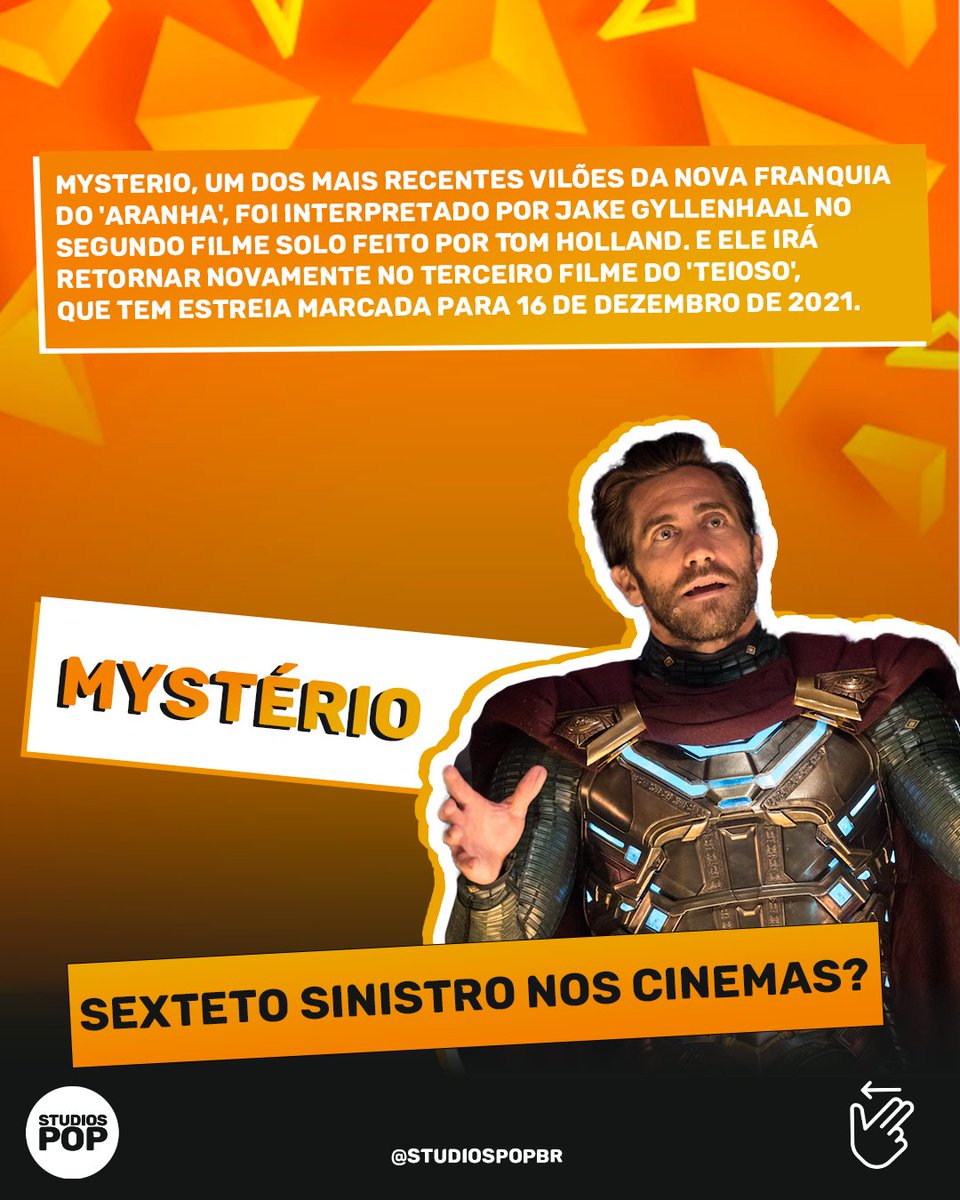 studiospopbr's tweet photo. 👉🏽 Mysterio, um dos mais recentes vilões da nova franquia do 'aranha', foi interpretado por Jake Gyllenhaal no segundo filme solo feito por Tom Holland. E ele irá retornar novamente no terceiro filme do 'teioso', que tem estreia marcada para 16 de dezembro de 2021. https://t.co/nCuZhE5kRp