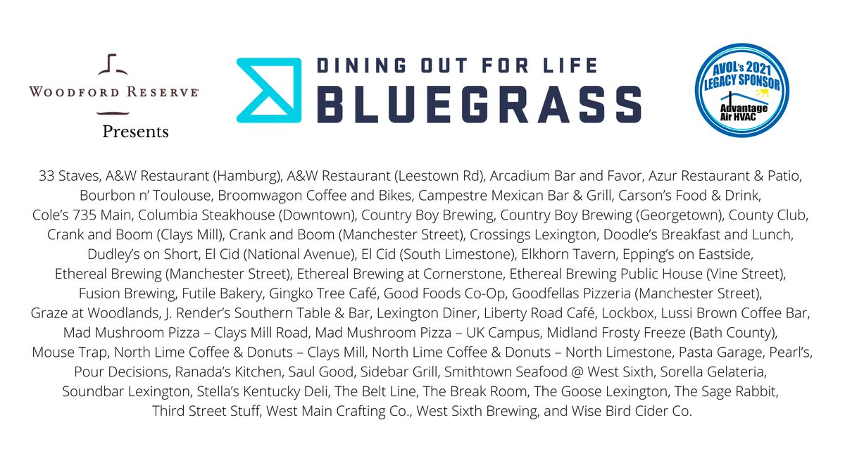 We're so happy to announce our 2021 Dining Out For Life Restaurant Partners! Mark your calendars for September 16th, 2021!  Make your reservation now. Please enjoy Dining Out For Life safely! DOFL is best enjoyed vaccinated! dineoutlex.com