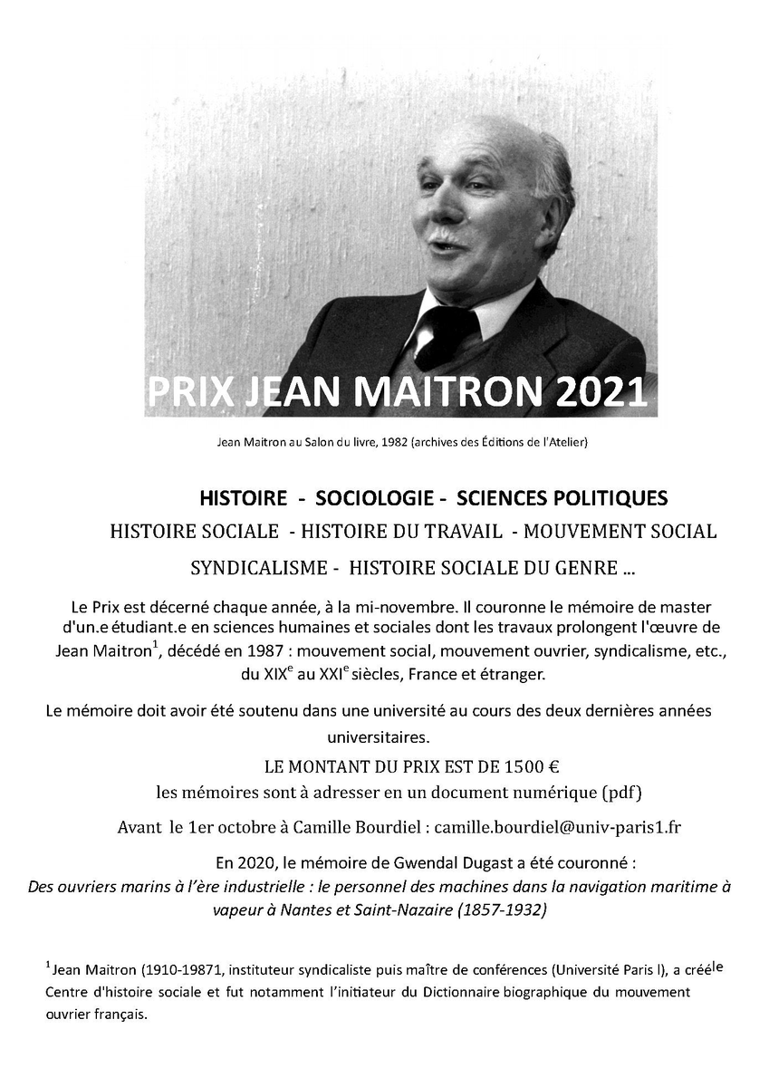 MaitronD's tweet photo. 🏆🏆N'oubliez pas le Prix Maitron 2021 pour les Masters en histoire, sociologie, science politique.
Les candidatures sont ouvertes jusqu'au 1er octobre, envoyez vos mémoires ! 📚📚 https://t.co/hjh2gCCItT