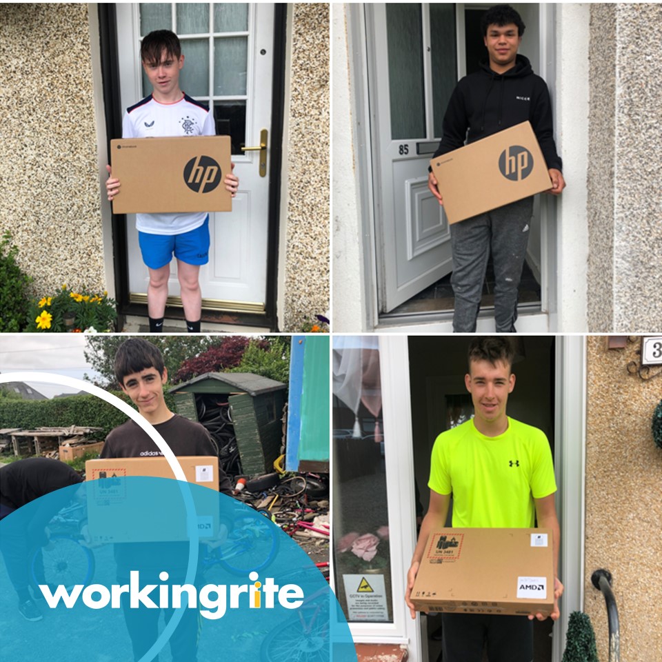 It was smiles all round when four young people took delivery of chromebooks so they can complete online training thanks to funding from Connect Scotland via @CentrestageMT. Lewis is on placement at Killie Can Cycle, Tyrill & Thomas at Caledonian Roofing and Jon at Q&L Skip Hire.