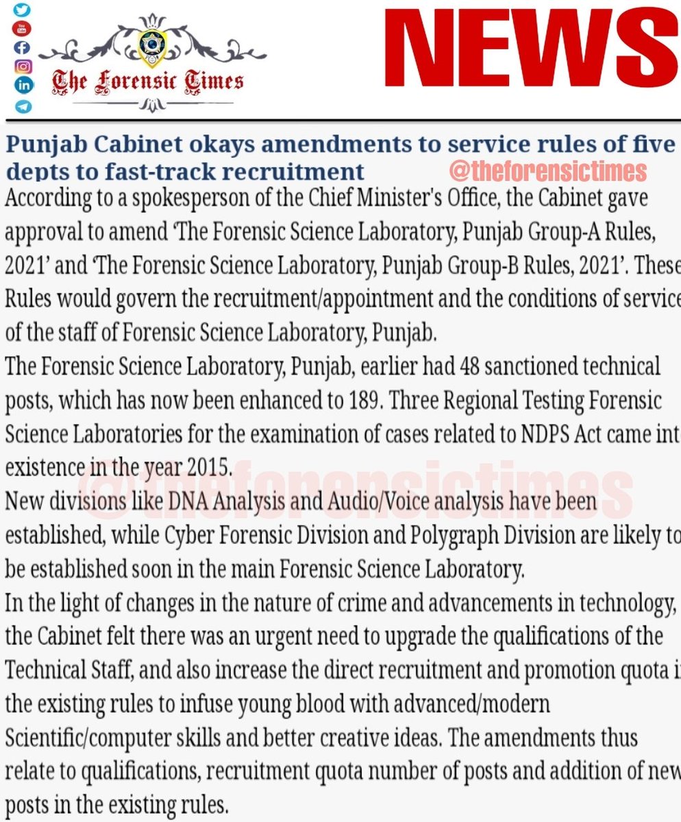 ForensicTimes's tweet image. Punjab Cabinet okays amendments to service rules of five depts to fast-track recruitment of Forensic Science Laboratory

#EqualForensicRR #Forensic #Forensics #ForensicScienceLaboratory #FSL #ForensicJob #ForensicNews #ForensicUpdate  #4n6s #ForensicScience #ForensicTimes
