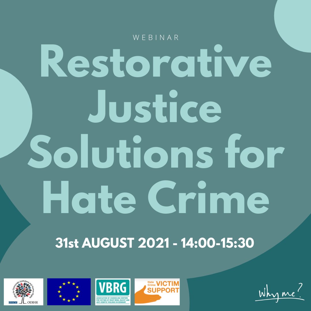 In two weeks time the 'Restorative Justice Solutions for Hate Crime’ webinar will take place (31/8/2021 at 3 pm CEST) with our Board member, Petra Masopust Šachová, and our members, Linda Millington &amp; Wioletta Rührer along with Niran Akintunde osce.org/odihr/494062