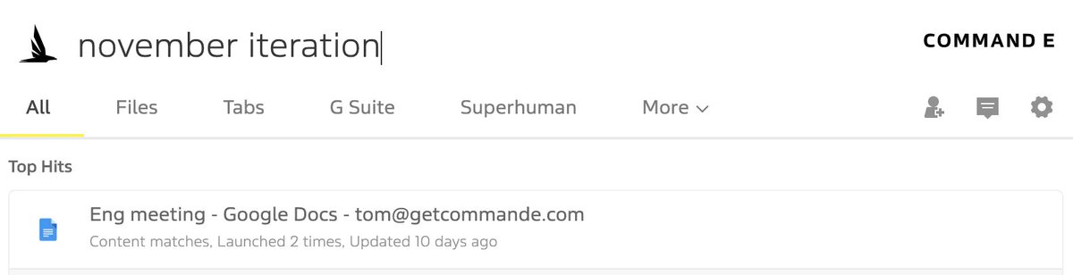 getcommande's tweet image. Remember what you wrote in the second paragraph of a doc but can&apos;t quite remember the title? 

We&apos;ve got your back - Command E now looks at both content and title for google docs and sheets