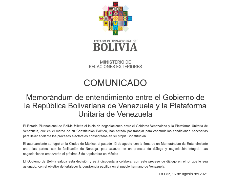 MRE_Bolivia's tweet photo. #Comunicado| Bolivia felicita el inicio de negociaciones entre el Gobierno Venezolano y la Plataforma Unitaria de Venezuela, que han optado por trabajar para construir las condiciones necesarias para llevar adelante los procesos electorales consagrados en su propia Constitución. https://t.co/W3pwQ50WKv