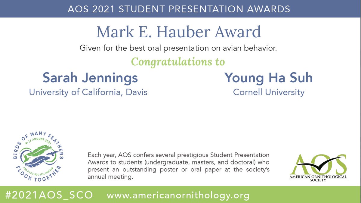 CornellEEB's tweet image. An honor indeed -- congratulations 
@AvidCorvid! Winner of the 2021 Mark E. Hauber Award for one of the best oral presentations at American Ornithological Society @AmOrnith #2021AOS_SCO