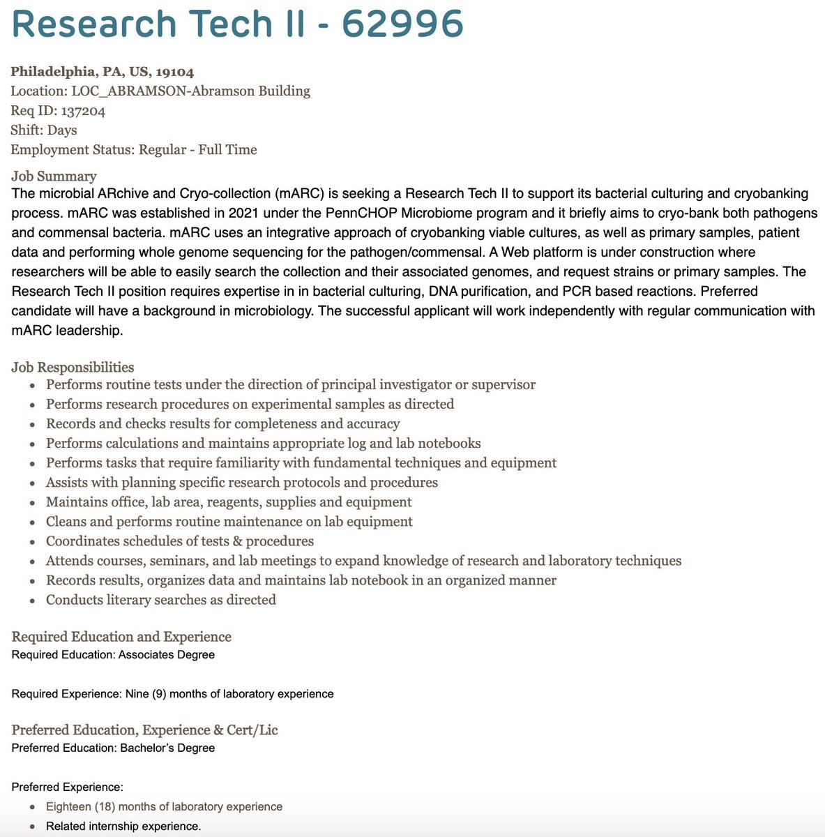 Ahmed M. Moustafa (@ahmed_microbes) on Twitter photo The microbial ARchive and Cryo-collection (mARC) under the PennCHOP Microbiome program (established in 2021) is seeking a Research Tech II to support its bacterial culturing and cryobanking process. Come and work with me, <a href="/pauljplanet/">Paul Planet</a> and <a href="/joeyzacks/">Joe Zackular</a>
careers.chop.edu/job/Philadelph… The microbial ARchive and Cryo-collection (mARC) under the PennCHOP Microbiome program (established in 2021) is seeking a Research Tech II to support its bacterial culturing and cryobanking process. Come and work with me, <a href="/pauljplanet/">Paul Planet</a> and <a href="/joeyzacks/">Joe Zackular</a>
careers.chop.edu/job/Philadelph…