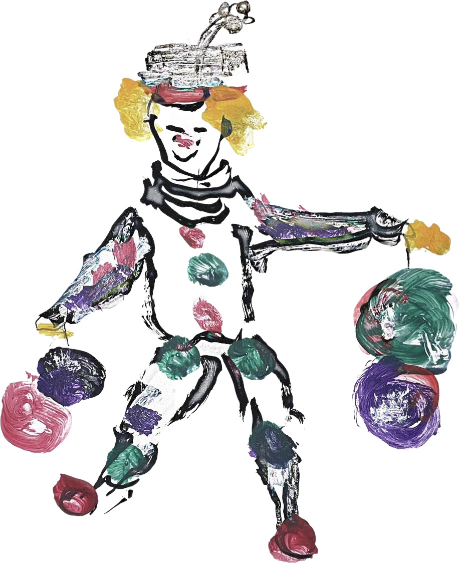 Harry's painting of a clown holding pom poms.