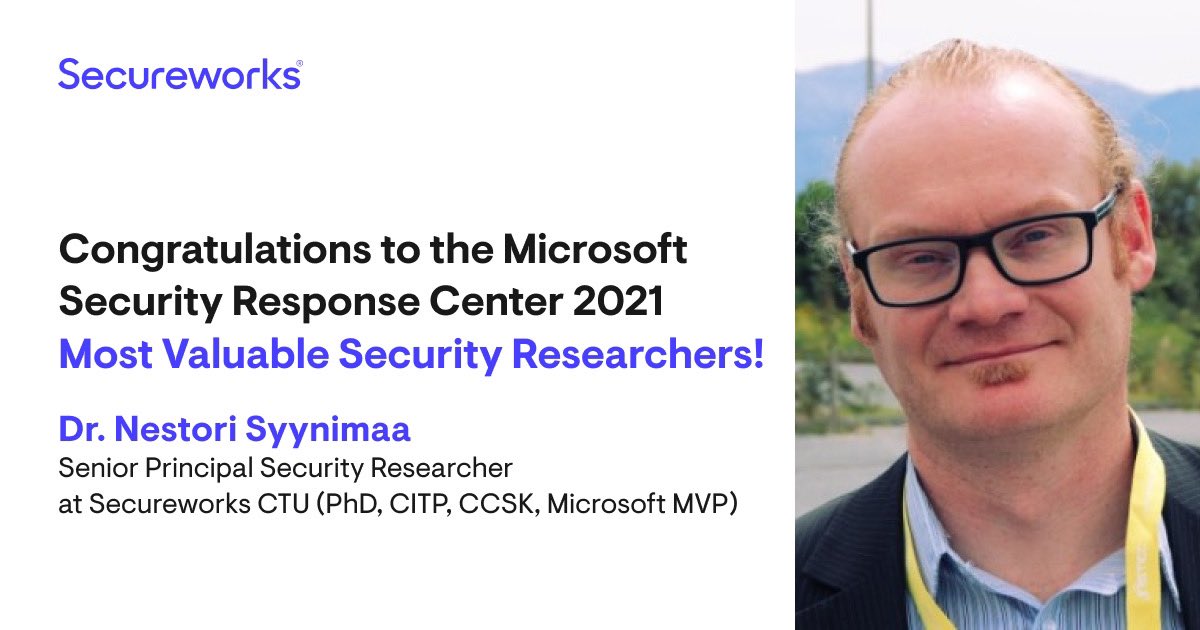 Secureworks's tweet image. Congratulations to the Microsoft Security Response Center 2021 Most Valuable Security Researchers! Special shout out to our very own Dr. Nestori Syynimaa. bit.ly/3sojAcg | #Secureworks #Cybersecurity #SecurityResponse