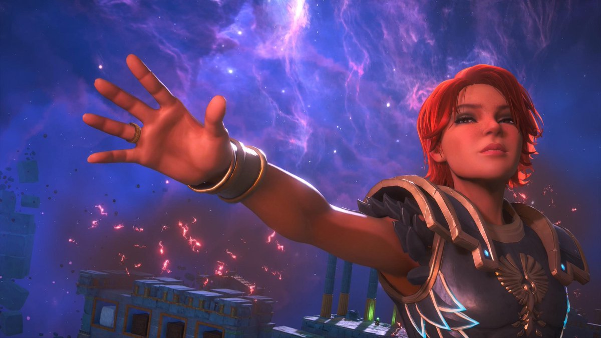 Fenyx from Immortals Fenyx Rising is looking at the camera and wearing armour, the background shows a stormy night sky.