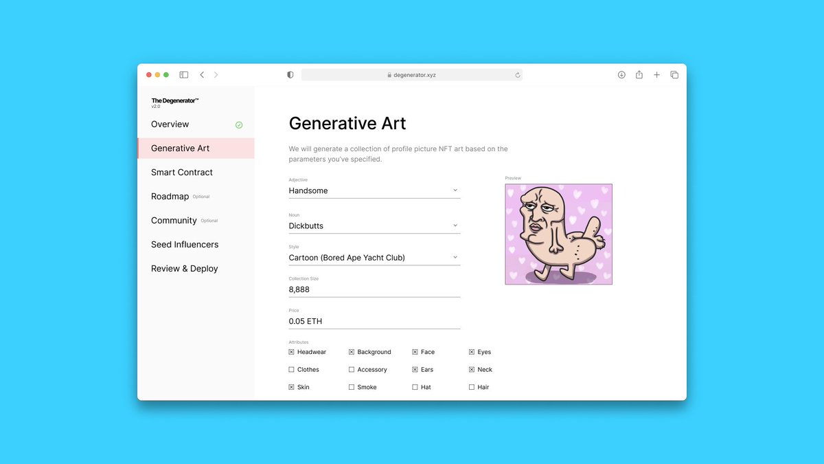 mikey2222221's tweet photo. 🚨missed punks, apes, and penguins? sitting on a bunch of duds? 

want to cash in on nfts before it all crashes??

well now you can with...

THE DEGENERATOR™ v2.0✨

create a low-effort pfp project with even LESS effort than ever before!!

comment "time to rug😈" for the beta https://t.co/HDW5jhQQ7U