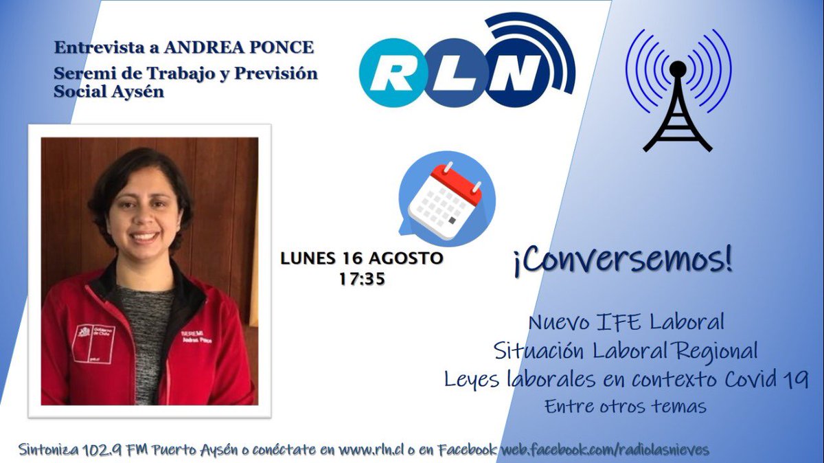 🤔Quieres conocer más detalles sobre el nuevo #IFELaboral?
🙋🏽‍♂️Aclara tus dudas sobre este tema y otras materias laborales con <a href="/radiolasnieves/">Radio Las Nieves</a> donde entrevistarán a nuestra Seremi <a href="/AndreaPonceOliv/">Andrea Ponce</a> 

⏰17:35
📲👩🏻‍💻Sintoniza la 102.9 #PuertoAysén o en rln.cl