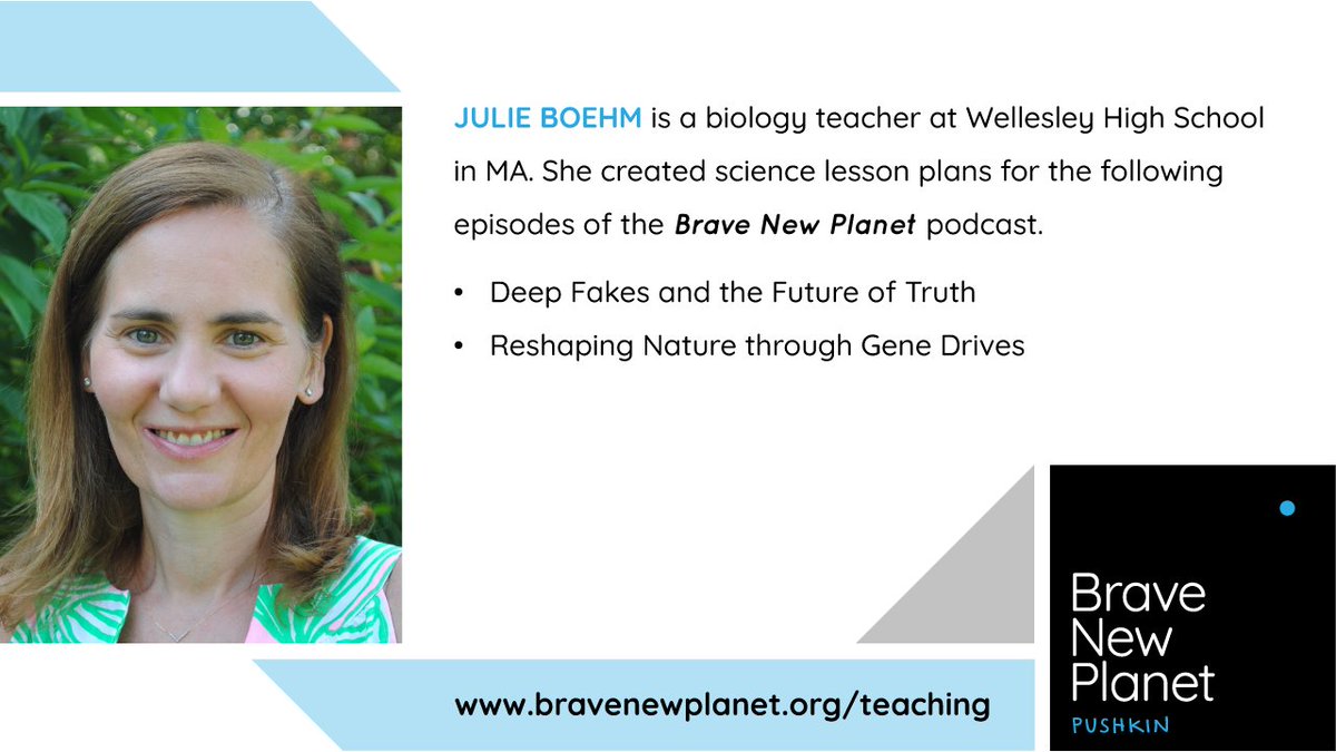 Meet Julie Boehm who helped create science lesson plans for the #BraveNewPlanet podcast! Calling all STEM high school #educators to take a look at these resources for the upcoming school year. bravenewplanet.org/teaching