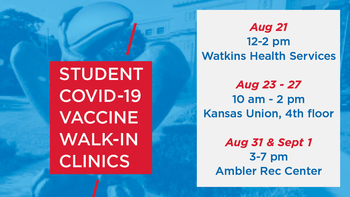 Beak_Healthy's tweet image. Watkins Health Services is operating COVID-19 vaccine clinics for #KUstudents at the start of fall semester. Vaccines are free &amp;amp; available on a walk-in basis. Plus, get registered for the Student Vaccine Incentive Program! rockcha.lk/whs-covidclinic #ProtectKU #HawkWeek