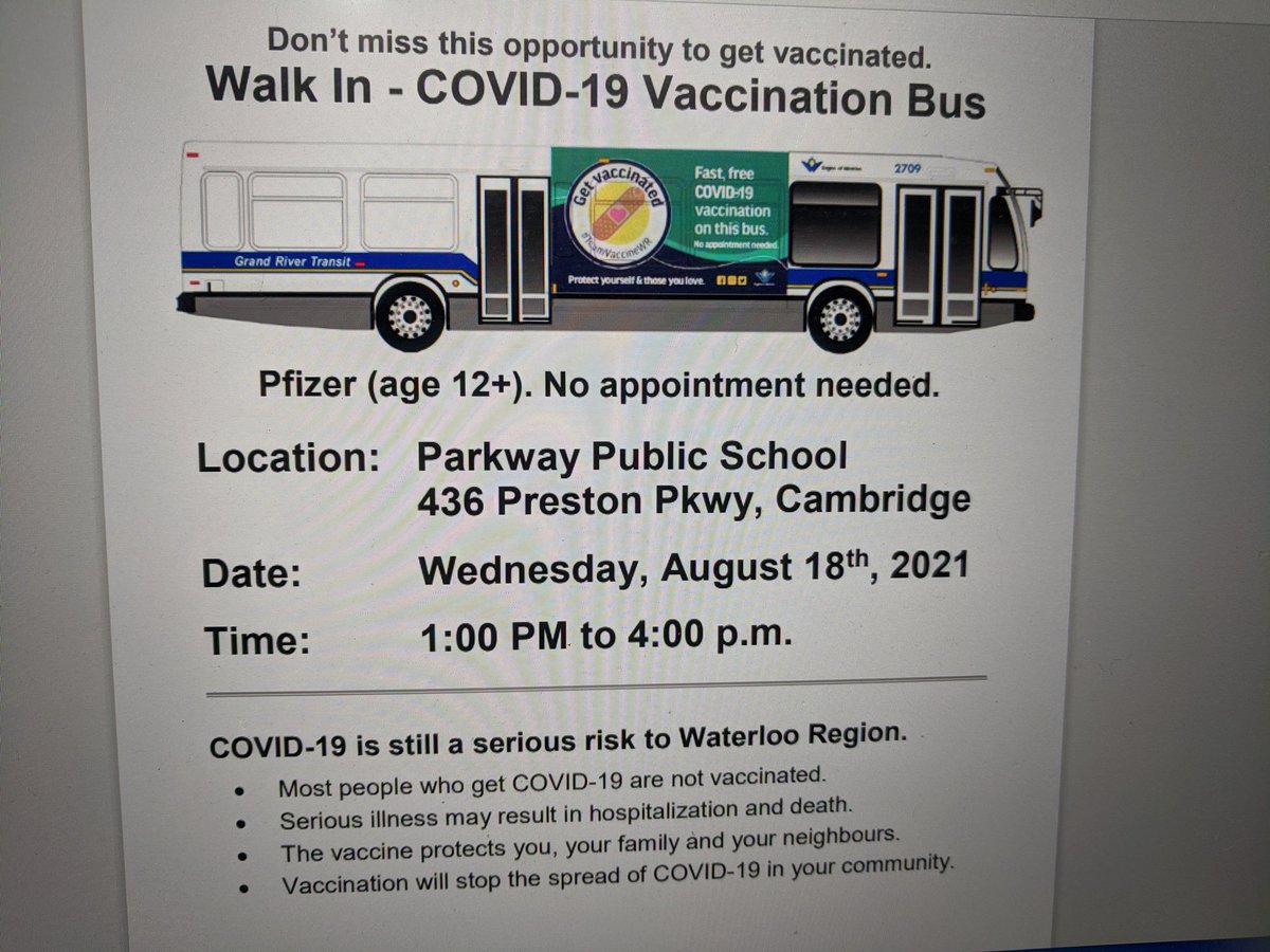 The vaccination bus will be coming to @Parkway_PS  this Wed. August 18 from 1-4 p.m. No appt required. Let's help keep our community safe this fall!  #TeamVaccineWR