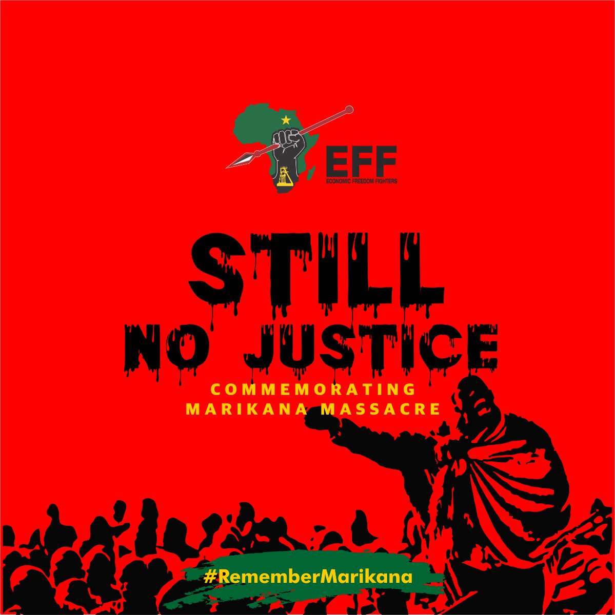 EFFSouthAfrica's tweet photo. 9 years later, there is still no justice. Not a single police officer of authority has been held accountable for the murder of defenceless workers.

This is evidence that there is no justice in SA and if there is, such justice is selective and seeks to protect rich and powerful. https://t.co/peTiEtRUjS