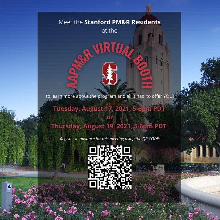 Stanford_Ortho's tweet photo. AAPM&amp;R Virtual Booth!
- August 17, 2021 5PM - 6PM Pacific Time 
- August 19, 2021 5PM - 6PM Pacific Time 

Scan the QR code to register, or visit https://t.co/bKHpaYtHEX for more info. 

@aapmr @stanfordpmr 

#stanfordortho #pmr #residency #virtualbooth #aapmr #programs https://t.co/nkeerA6rXZ