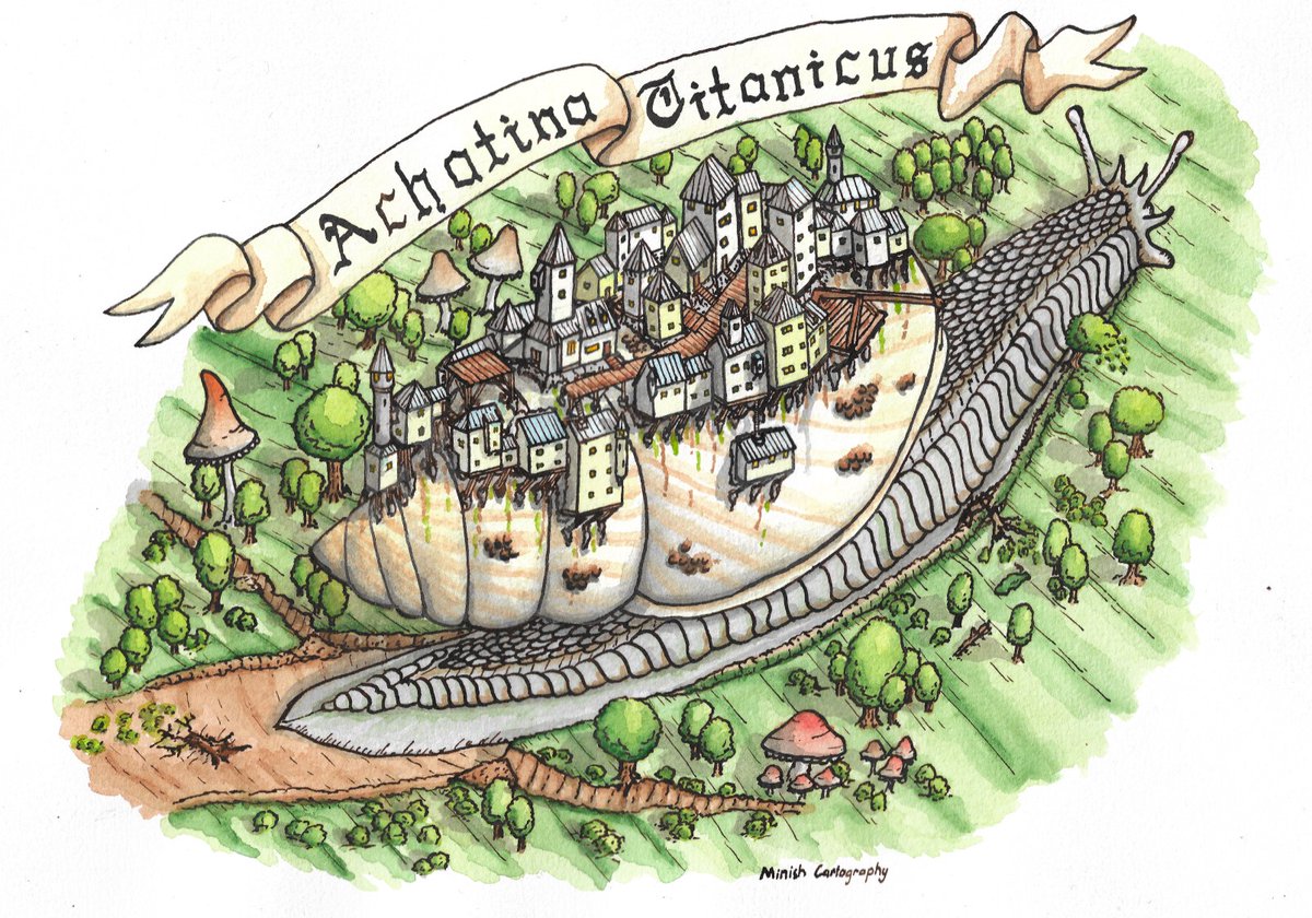 Achatina Titanicus, the Wandering City, by wminish

'[I've been] thinking about cities on the backs of large creatures... I started to build up a wider & more complex world around this... This map depicts a small city on the back of a giant land snail.'

cartographersguild.com/showthread.php…